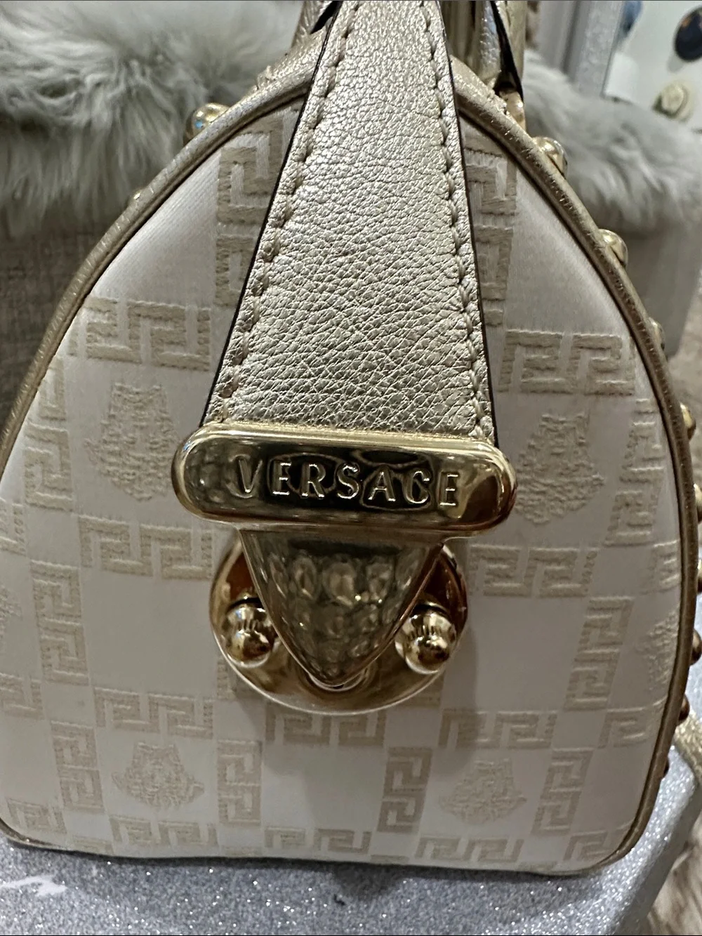 VERSACE Gold and Cream Logo Medusa & Greek key chain Satchel Handbag w/ lock-key